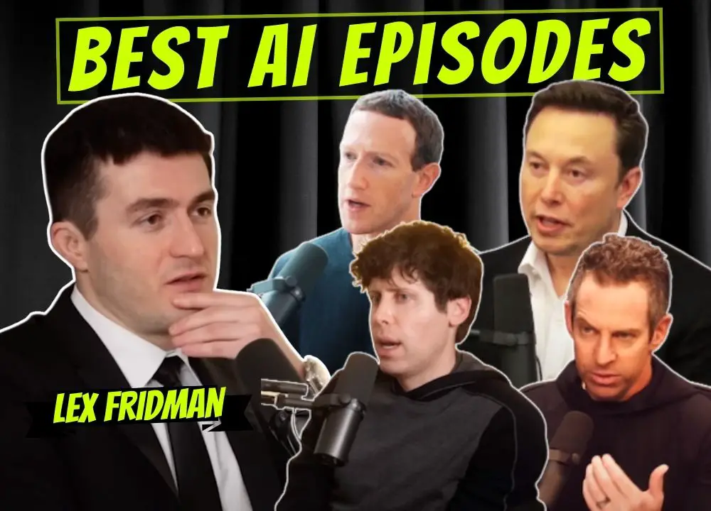 Photo of Lex Fridman looking at Elon Musk, Mark Zuckerberg, Sam Altman, and Sam Harris, with the text "Best AI Episodes" of the Lex Fridman podcast.