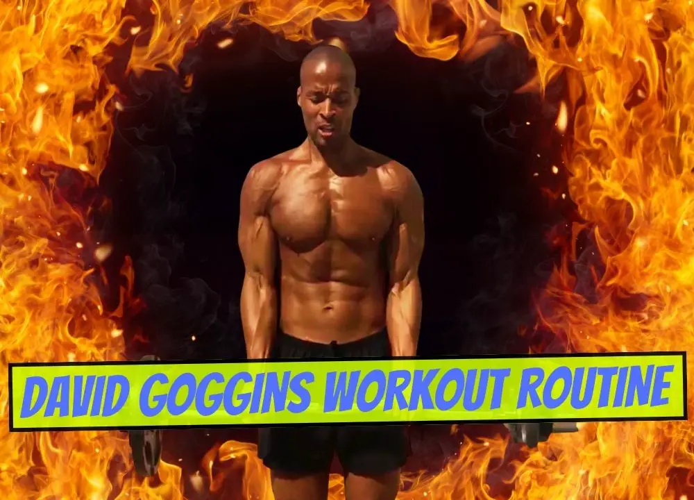 David Goggins doing a bicep curl surrounded by flames, with the text David Goggins Workout Routine
