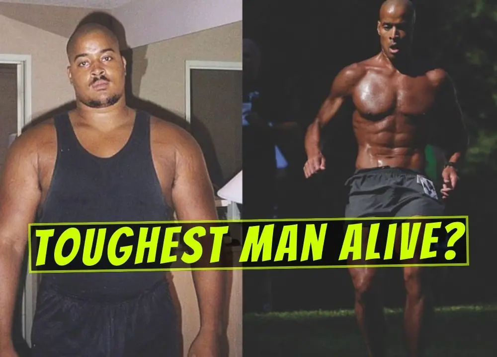 Picture of David Goggins fat and one in shape. Thumbnail for why David Goggins is the toughest man alive.