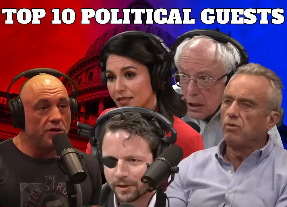 Top 10 Political Guests text, with Joe Rogan looking at Tulsi Gabbard, Bernie Sanders, Robert Kennedy Jr, and Dan Crenshaw.