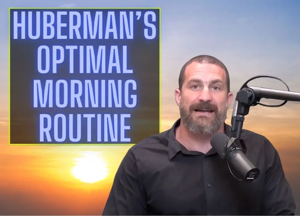 Picture of Dr. Andrew Huberman with a sunrise behind him, and the text "Huberman's Optimal Morning Routine"