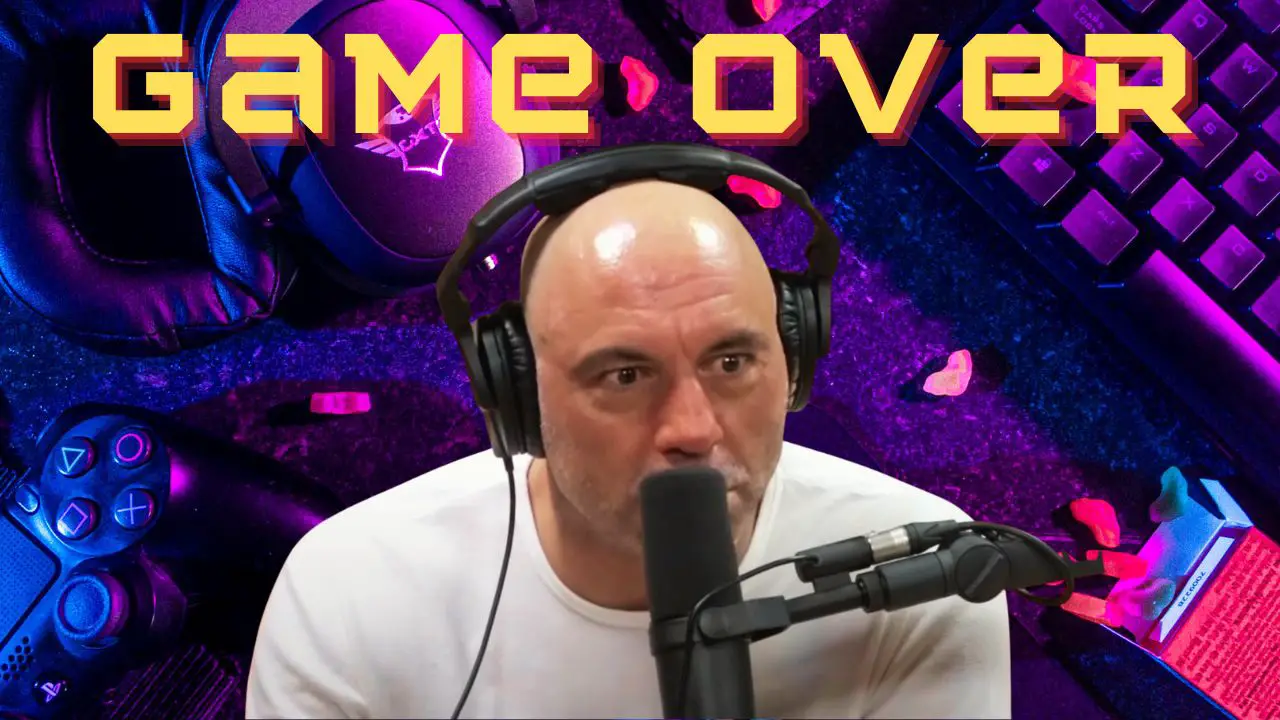 Joe Rogan with a background of video game setup, with the text "Game Over"