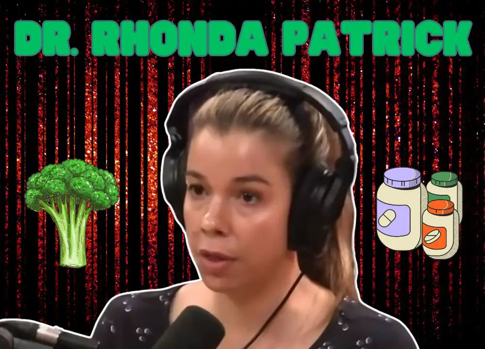 Picture of Dr. Rhonda Patrick on the Joe Rogan's Podcast with a graphic of broccoli and supplement bottles.
