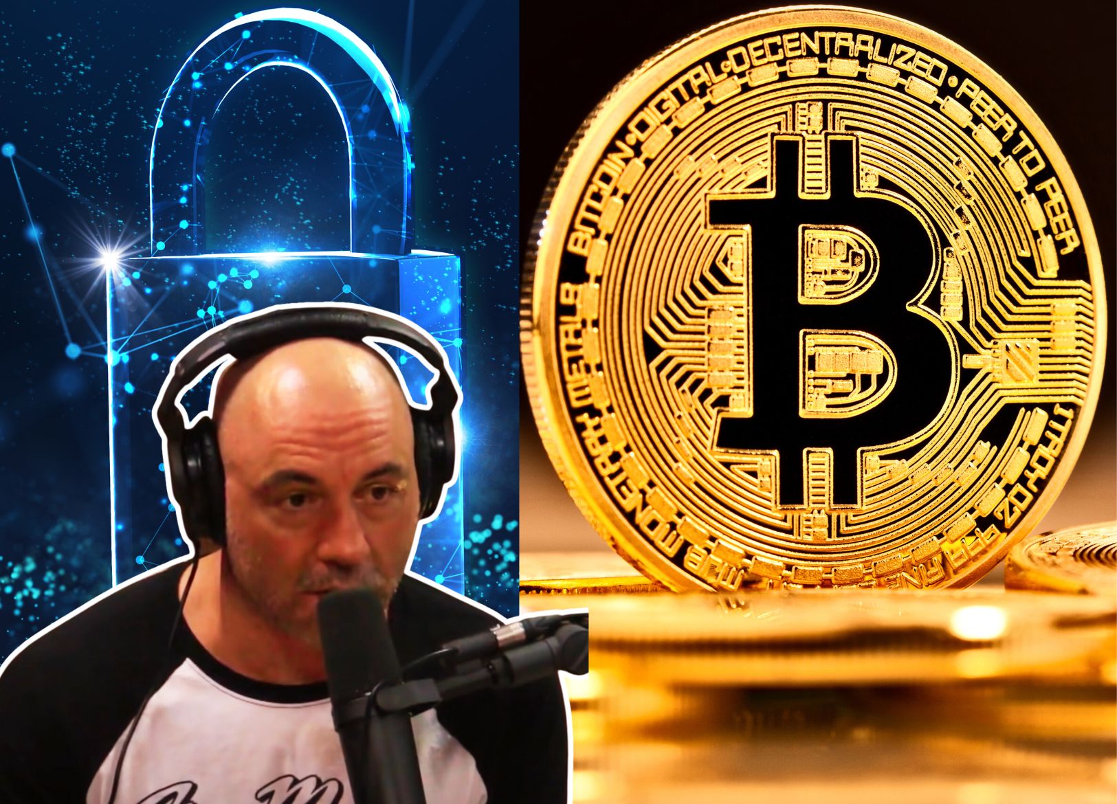 Joe Rogan talking while looking at a Bitcoin, with a cyber lock in the background.